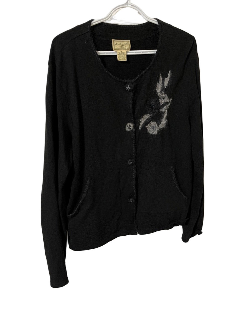 Vintage April Cornell Black Jacket With Floral Knit Embellishment Size Medium